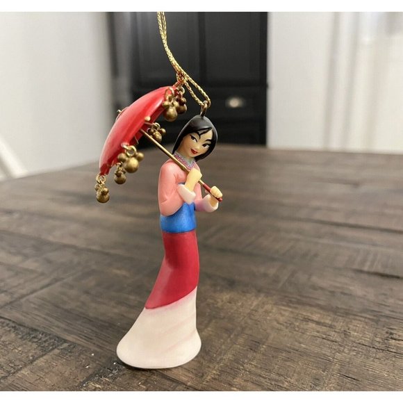 RARE Disney Mulan Christmas Ornament w/ Umbrella & Mickey Icon Dangle Charms